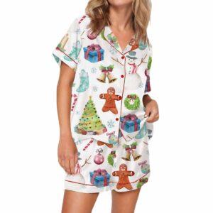 Watercolor Holiday Christmas Tree Snowman Snowflake Winter Satin Pajama Set Watercolor Holiday Christmas Tree Snowman Snowflake Winter Satin Pajama Set