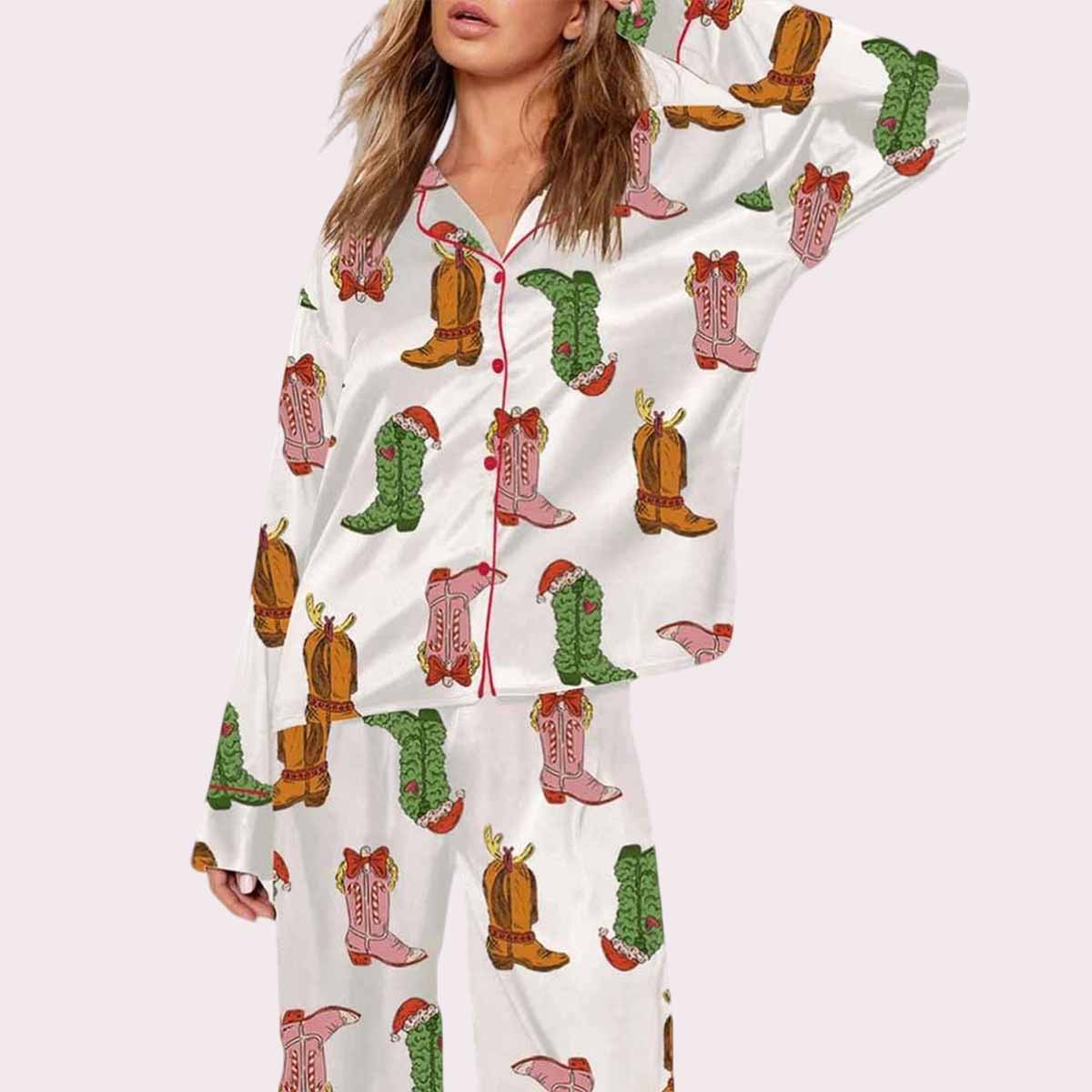 Western Grnch Cowboy Boots Christmas Pajama Set Western Grnch Cowboy Boots Christmas Pajama Set