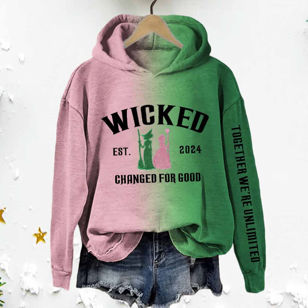 Wicked Movie Inspired Witch And Princess Contrast Gradient Hoodie Wicked Movie Inspired Witch And Princess Contrast Gradient Hoodie
