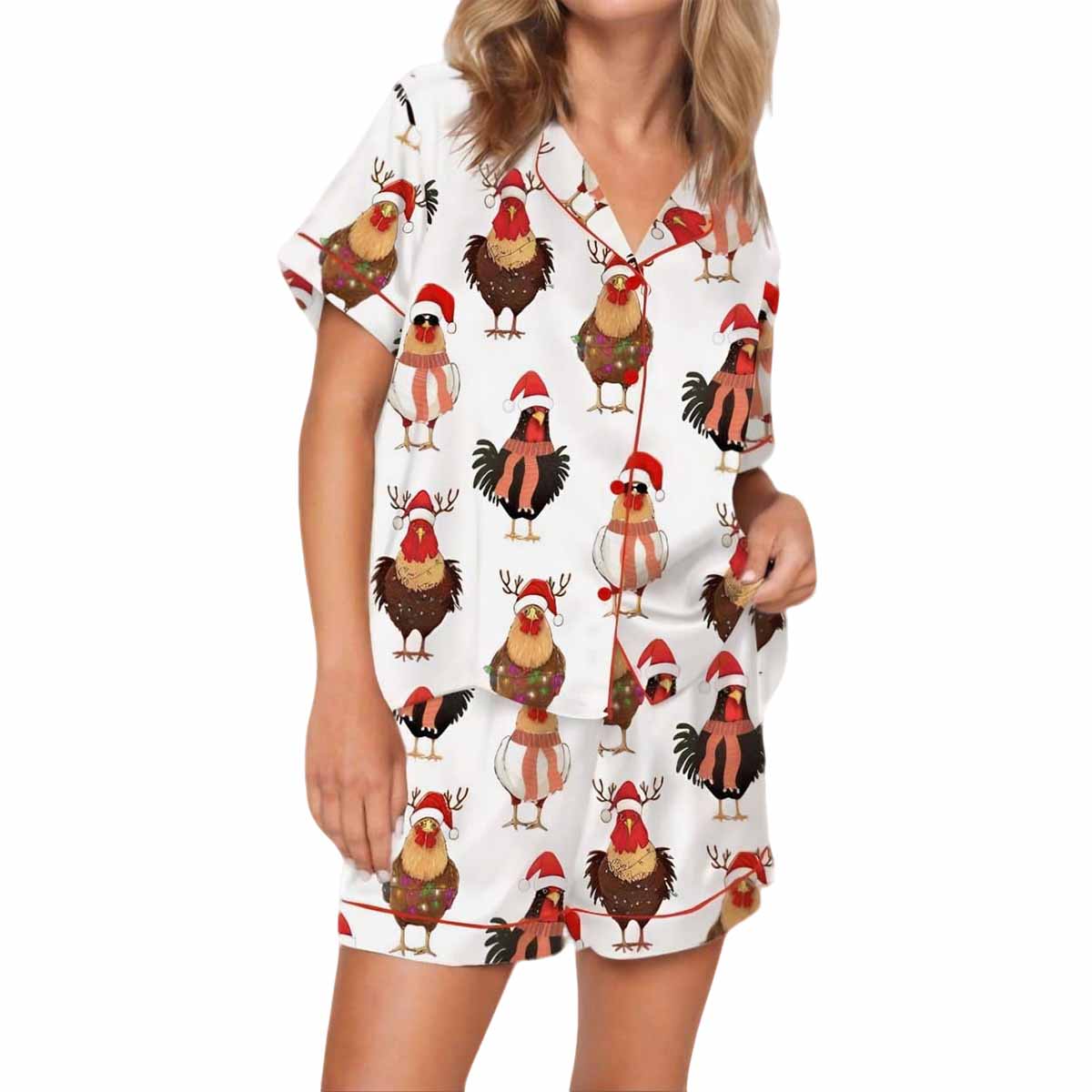 Сute Christmas Chickens Satin Pajama Set Сute Christmas Chickens Satin Pajama Set