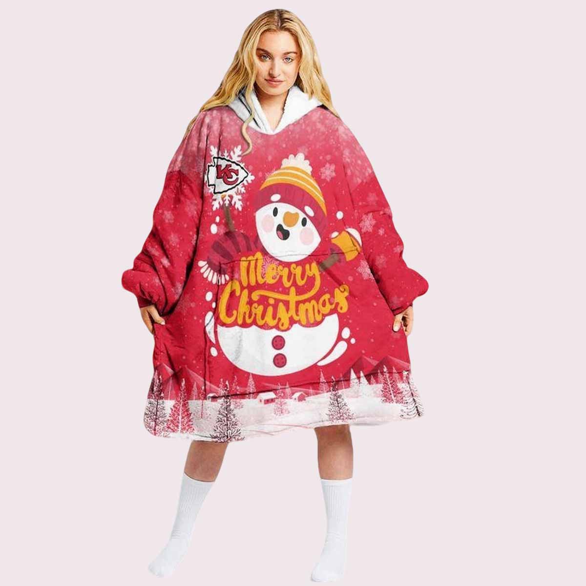 KC Chiefs Snowman Merry Christmas Unisex Blanket Hoodie KC Chiefs Snowman Merry Christmas Unisex Blanket Hoodie