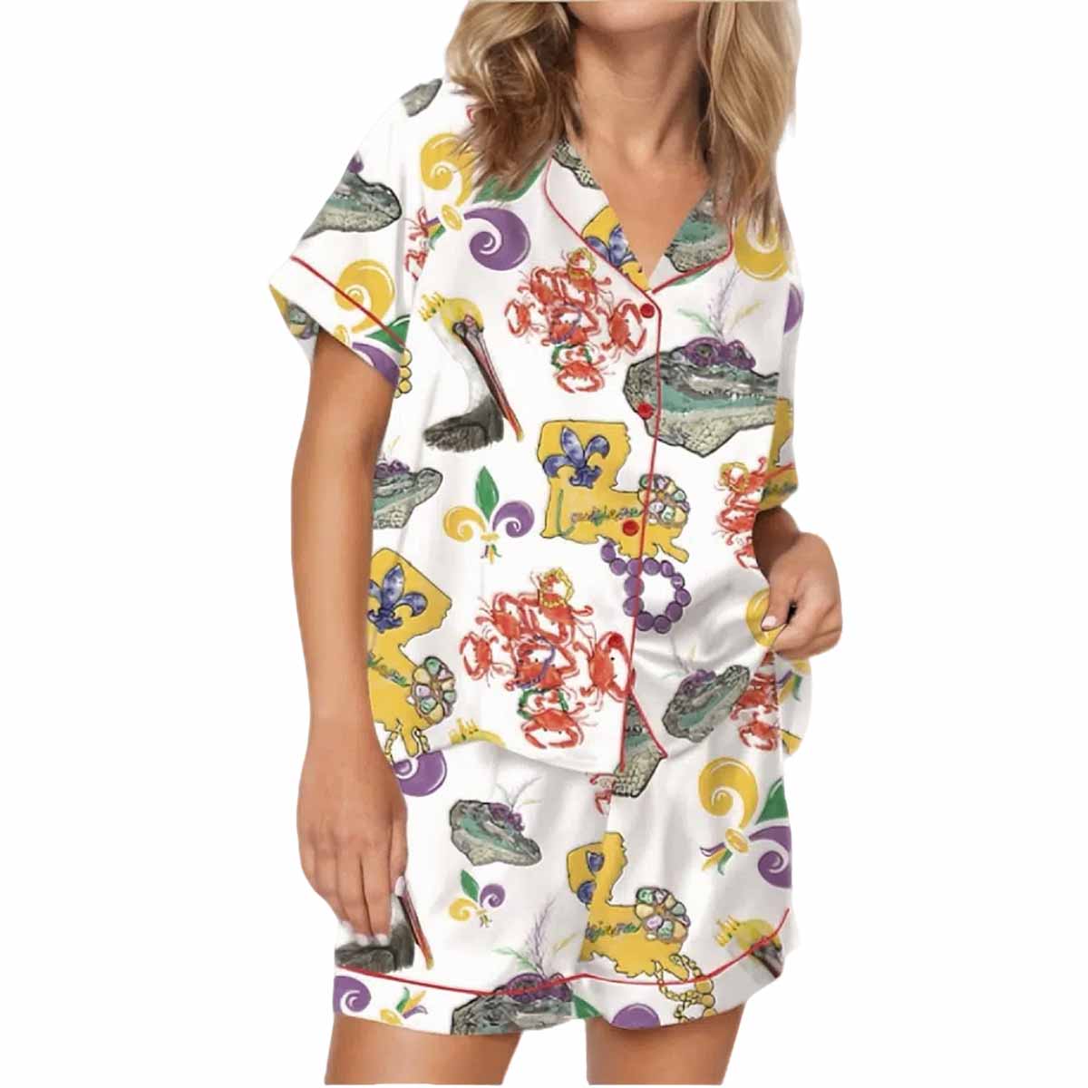 Mardi Gras Beads Pelican Crab Alligator Satin Pajama Set Mardi Gras Beads Pelican Crab Alligator Satin Pajama Set