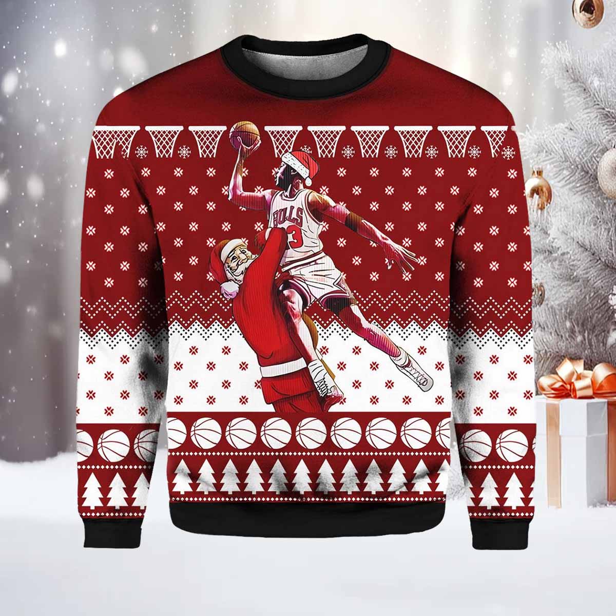 Michael Jordan Santa Playing Basketball Ugly Sweater Michael Jordan Santa Playing Basketball Ugly Sweater