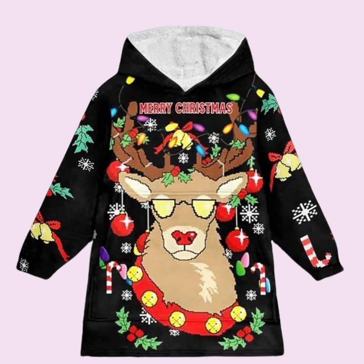 Reindeer Merry Christmas Blanket Hoodie Reindeer Merry Christmas Blanket Hoodie