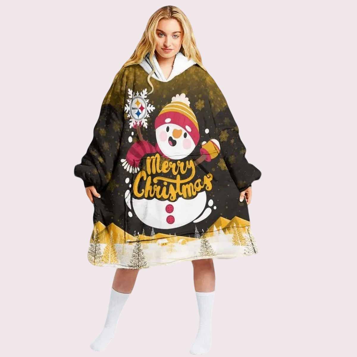 Steelers Snowman Merry Christmas Unisex Blanket Hoodie Steelers Snowman Merry Christmas Unisex Blanket Hoodie