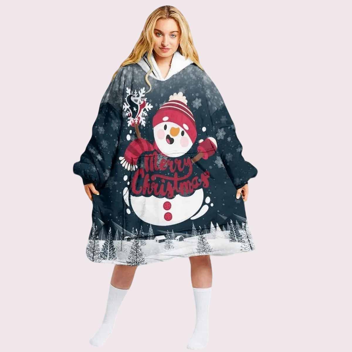 Texans Snowman Merry Christmas Unisex Blanket Hoodie Texans Snowman Merry Christmas Unisex Blanket Hoodie