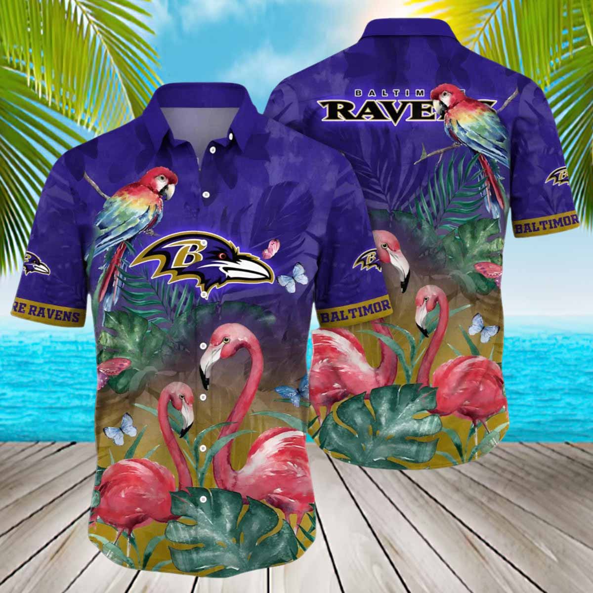 Ravens Hawaiian Shirt With Pink Flamingos Ravens Hawaiian Shirt With Pink Flamingos
