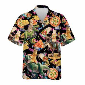Retro Cat Riding Dinosaur Pizza Hawaiian Shirt