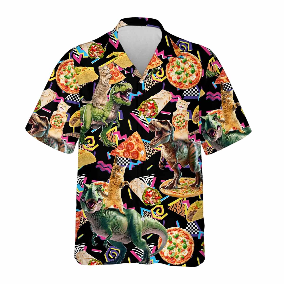Retro Cat Riding Dinosaur Pizza Hawaiian Shirt Retro Cat Riding Dinosaur Pizza Hawaiian Shirt