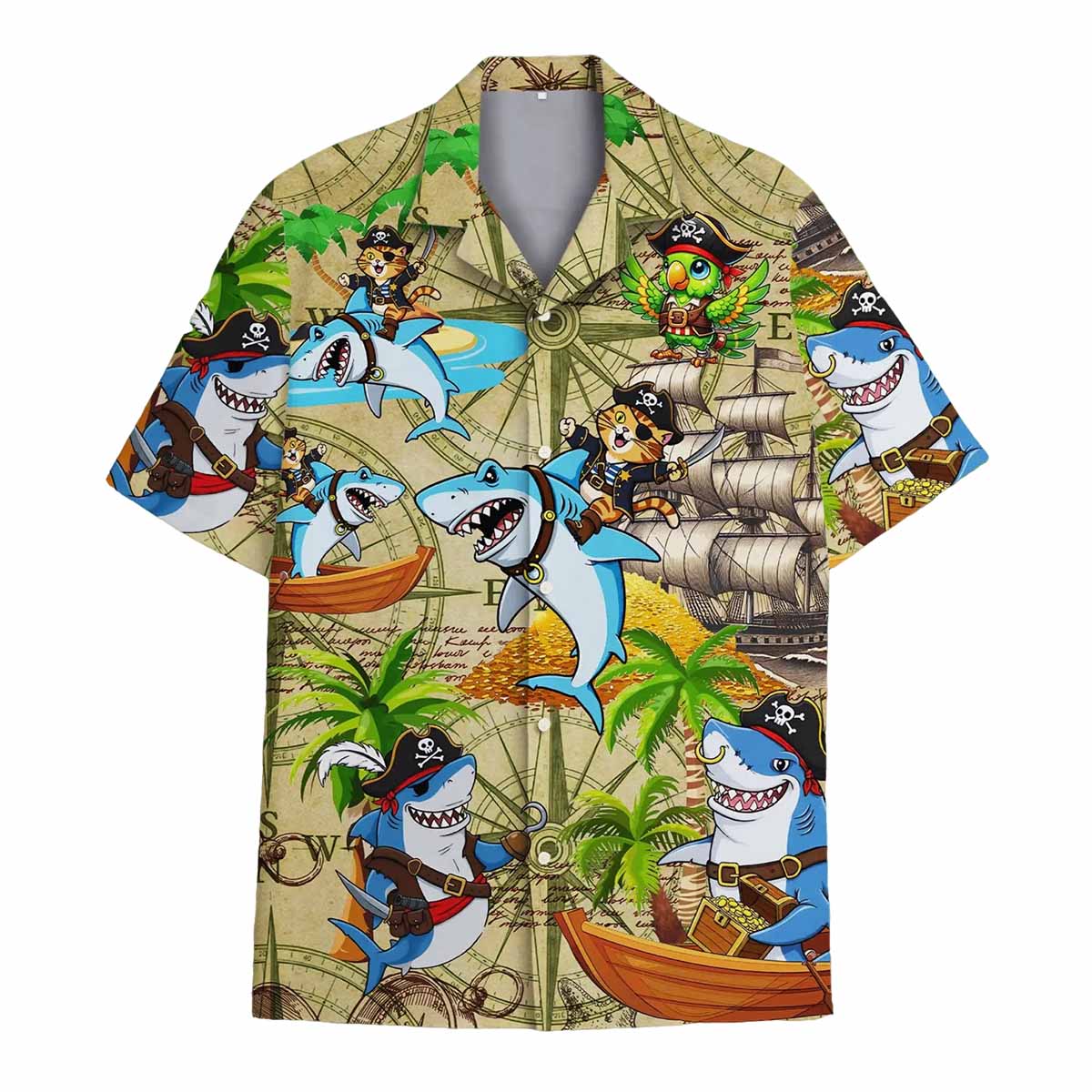 Pirate Shark And Cat Treasure Map Hawaiian Shirt Pirate Shark And Cat Treasure Map Hawaiian Shirt