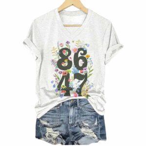 V Neck Retro Flowers 86 47 Print T Shirt