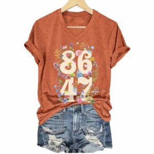 V Neck Retro Flowers 86 47 Print T Shirt