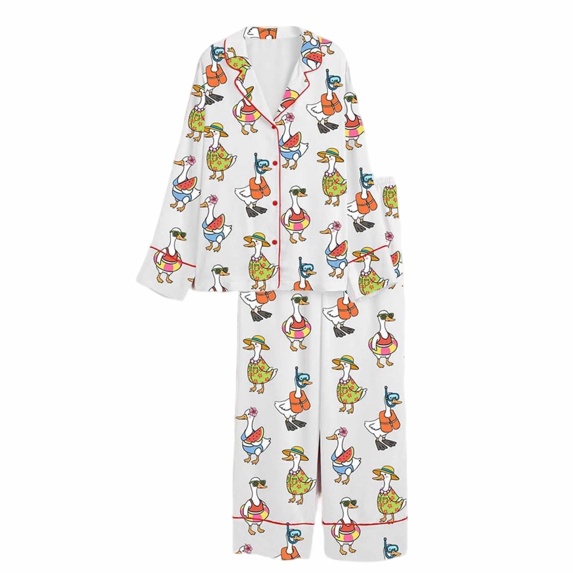Just A Silly Goose Summer Cute Retro Goose Print Satin Pajama Set Just A Silly Goose Summer Cute Retro Goose Print Satin Pajama Set