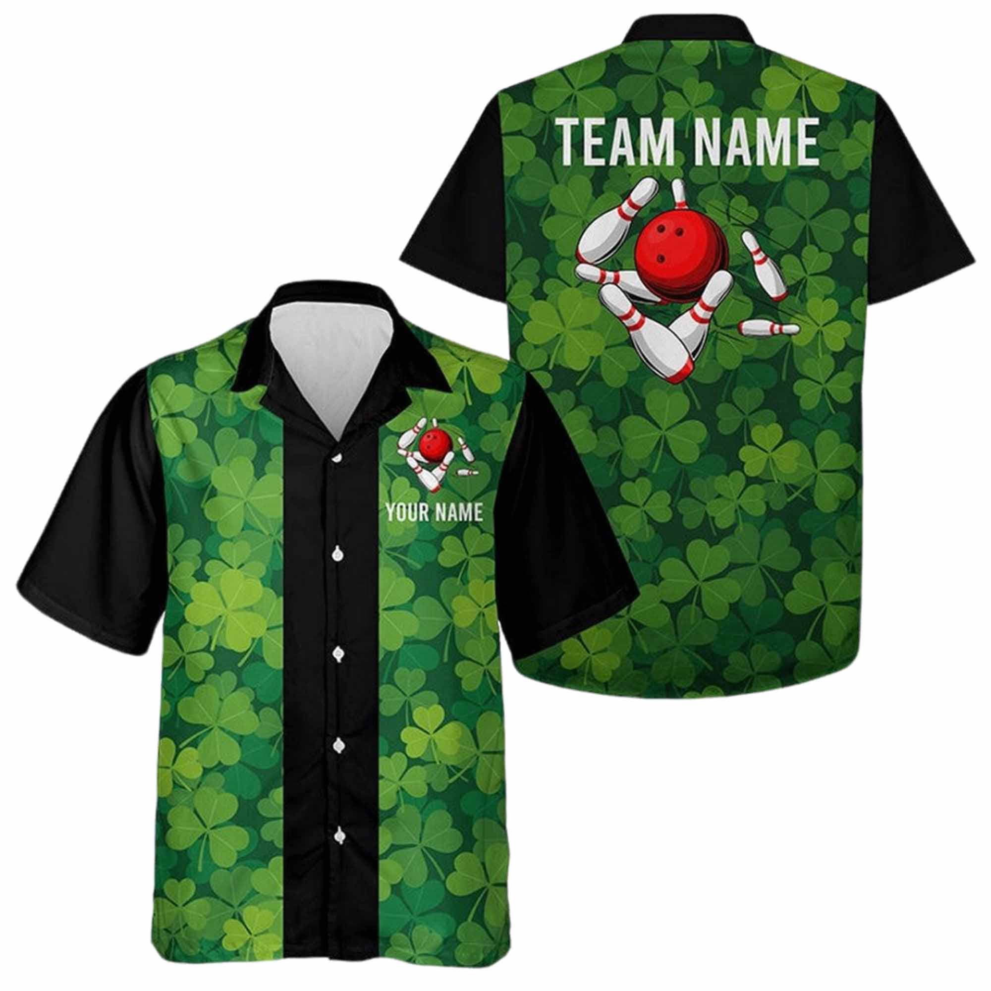 Personalized Green Clover Black Retro Bowling Hawaiian Shirt Personalized Green Clover Black Retro Bowling Hawaiian Shirt
