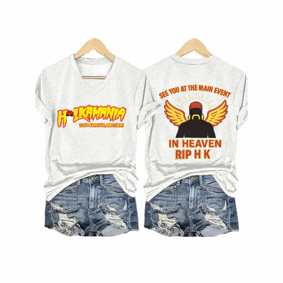 Hulk Hogan Hulkamania See You At The Main Event In Heaven Rip HK V-Neck T-Shirt Hulk Hogan Hulkamania See You At The Main Event In Heaven Rip HK V-Neck T-Shirt