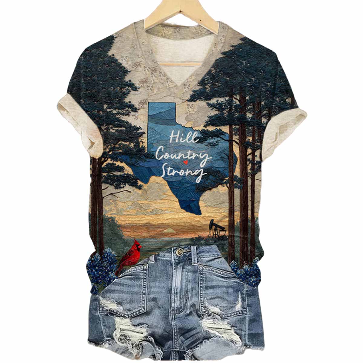 Texas Hill Country Strong Printed V Neck T Shirt Texas Hill Country Strong Printed V-Neck T-Shirt