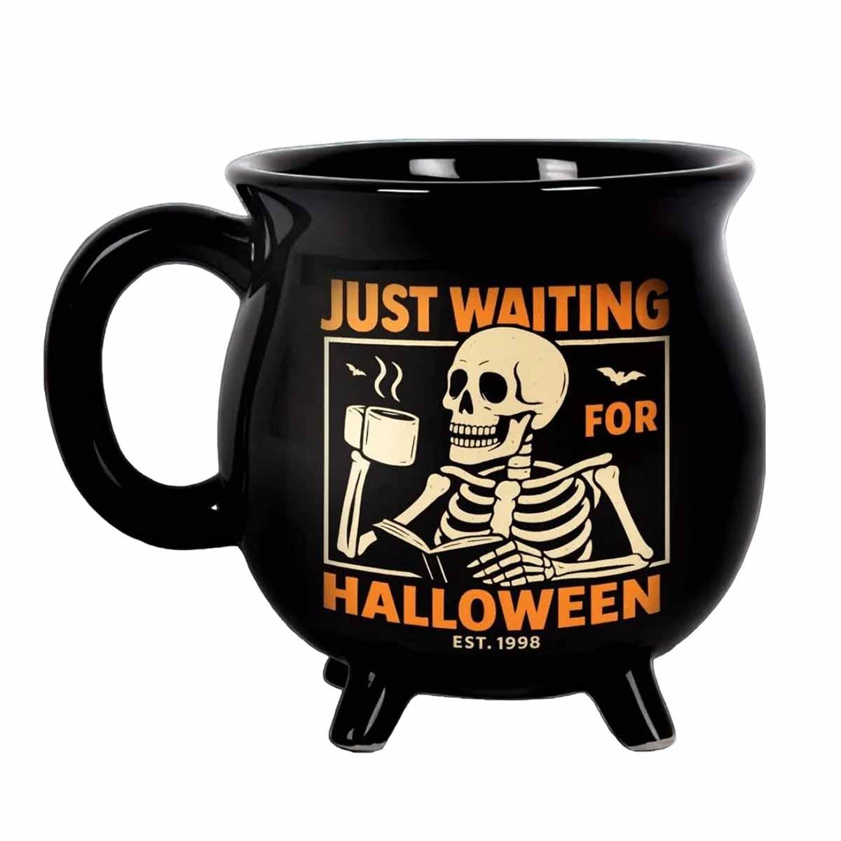 Just Waiting for Halloween Skeleton Cauldron Mug Just Waiting for Halloween Skeleton Cauldron Mug