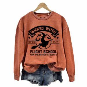 Retro Halloween Wicked Witch Flight School Print Round Neck Sweatshirt