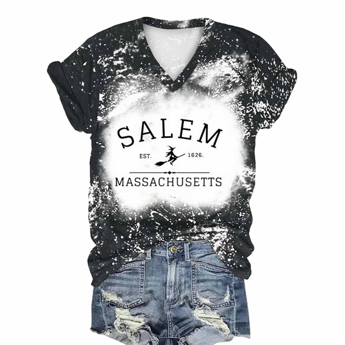 Women's Salem Massachusetts Tie Dye Print V Neck T Shirt Women's Salem Massachusetts Tie Dye Print V-Neck T-Shirt