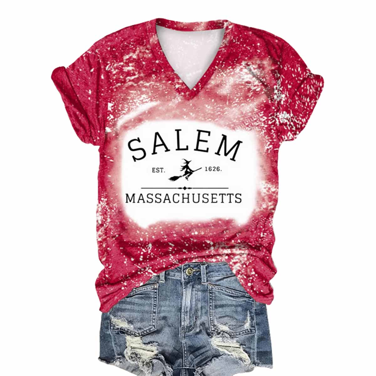 Women’s Salem Massachusetts Tie Dye Print V-Neck T-Shirt Women’s Salem Massachusetts Tie Dye Print V-Neck T-Shirt