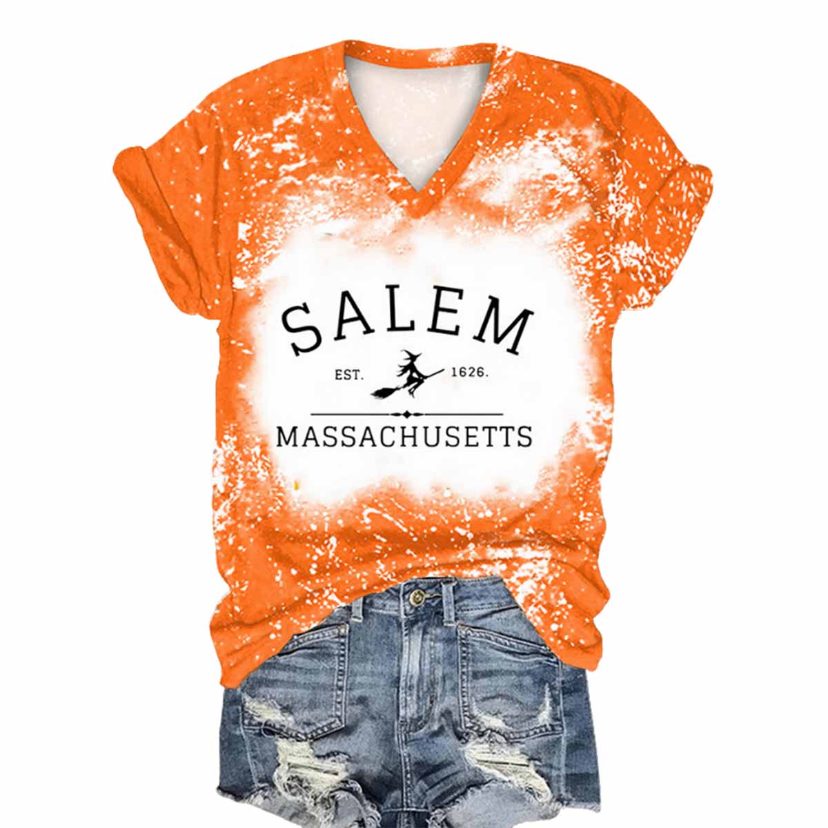 Women’s Salem Massachusetts Tie Dye Print V-Neck T-Shirt Women’s Salem Massachusetts Tie Dye Print V-Neck T-Shirt