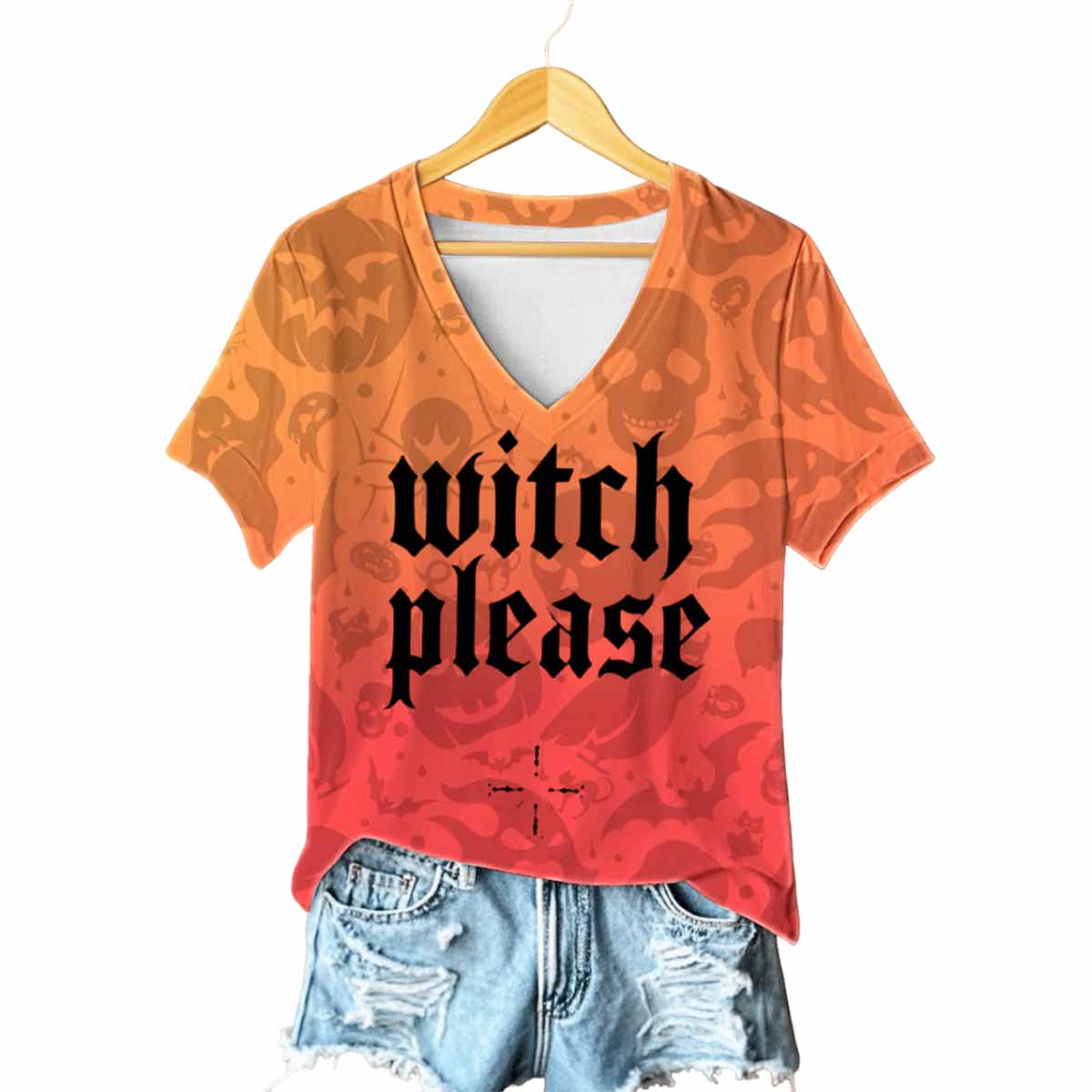 Women's Witch Please Halloween Printed V neck T shirt Women's Witch Please Halloween Printed V-neck T-shirt