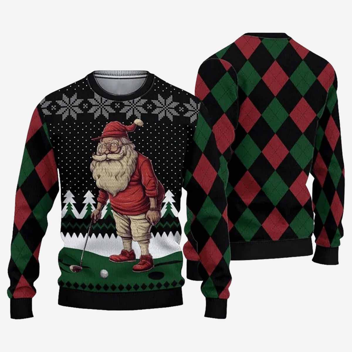 Santa Claus Playing Golf Ugly Christmas Sweater Santa Claus Playing Golf Ugly Christmas Sweater
