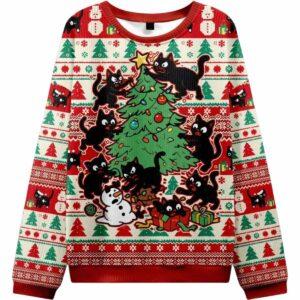 Black Cats Destroying Christmas Tree Ugly Christmas Sweater