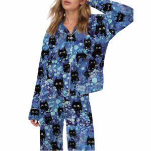 Black Cats Silky Satin Pajama Set