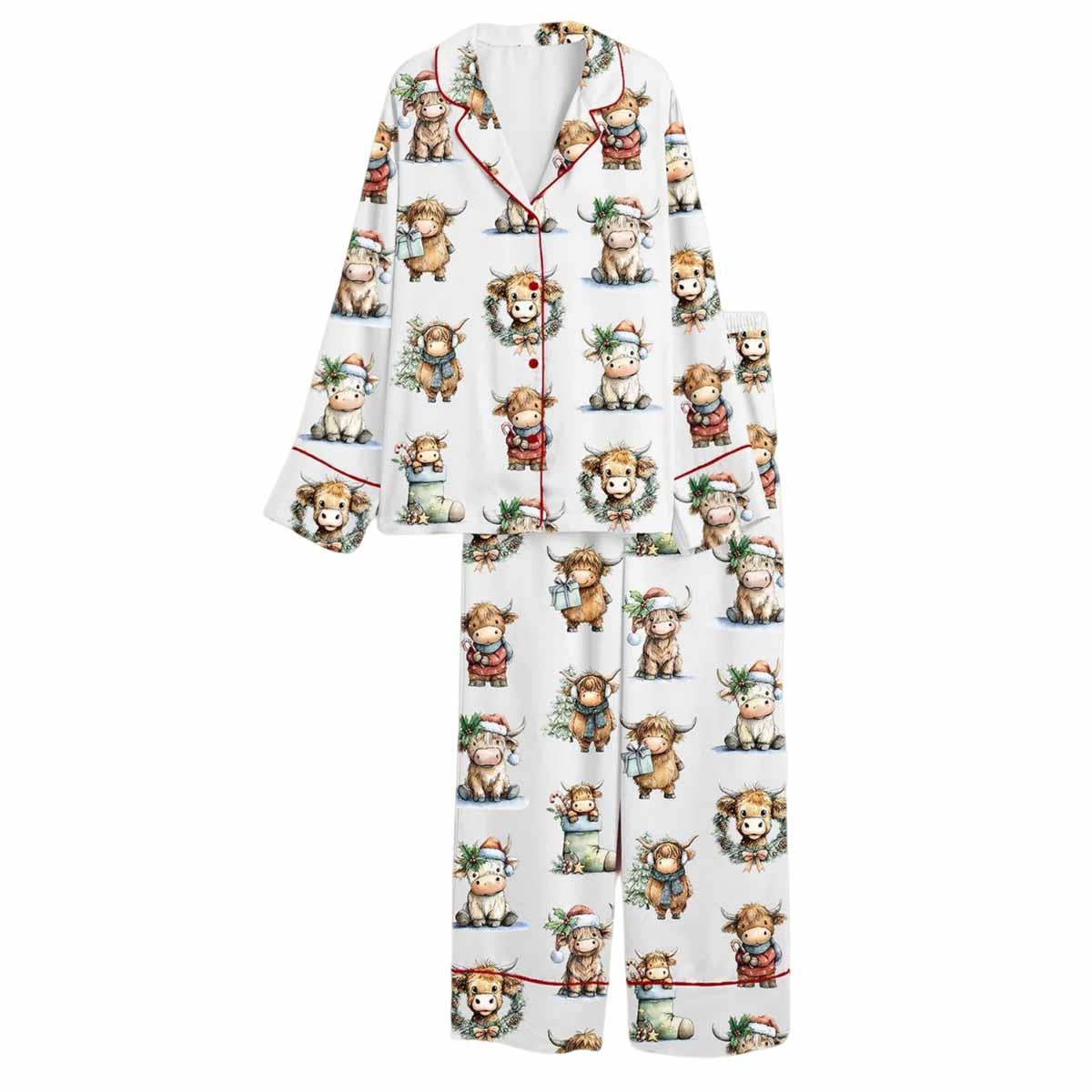 Christmas Highland Cow Satin Pajama Set Christmas Highland Cow Satin Pajama Set