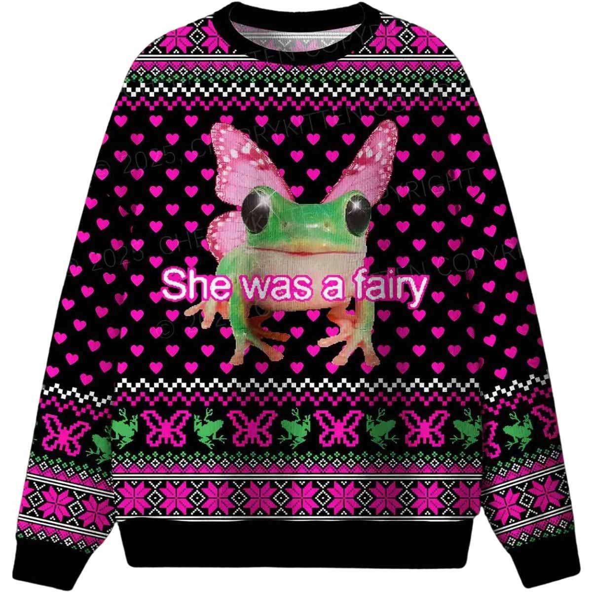 Fairy Frog She Was A Fairy Ugly Christmas Sweater Fairy Frog She Was A Fairy Ugly Christmas Sweater