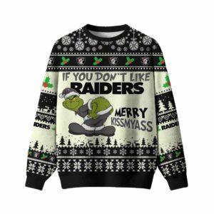 Grnch If You Dont Like Raiders Merry Kissmyass Ugly Christmas Sweater