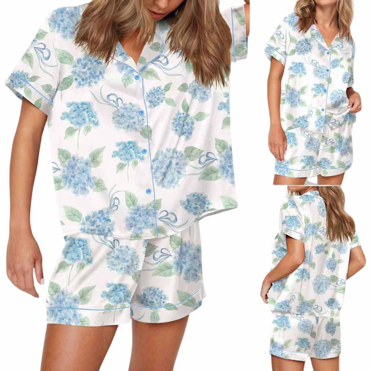 Hydrangeas Pattern Bridesmaids Silky Satin Pajama Set Hydrangeas Pattern Bridesmaids Silky Satin Pajama Set