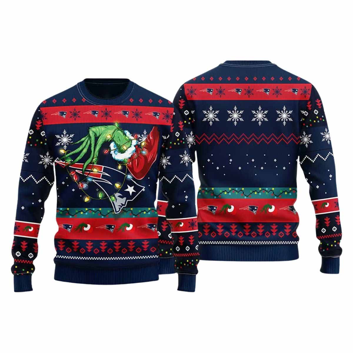 Patriots Grnch Hand Ugly Christmas Sweater Patriots Grnch Hand Ugly Christmas Sweater