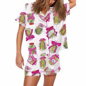 Pickle Lover Pink Bows Short Sleeve Satin Pajama Set