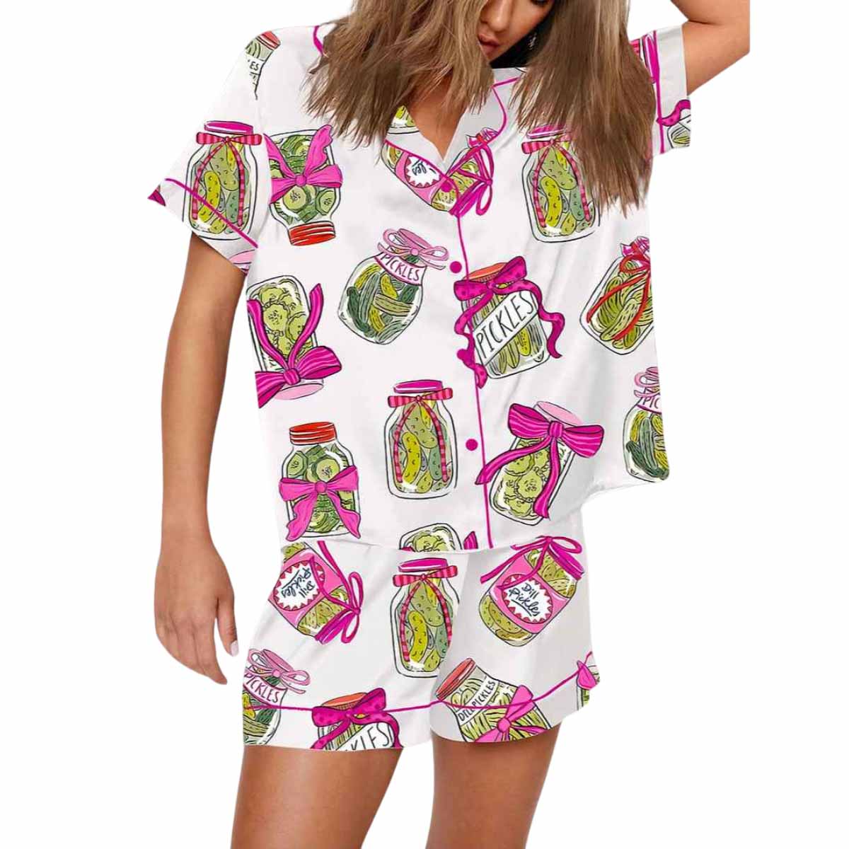 Pickle Lover Pink Bows Short Sleeve Satin Pajama Set Pickle Lover Pink Bows Short Sleeve Satin Pajama Set