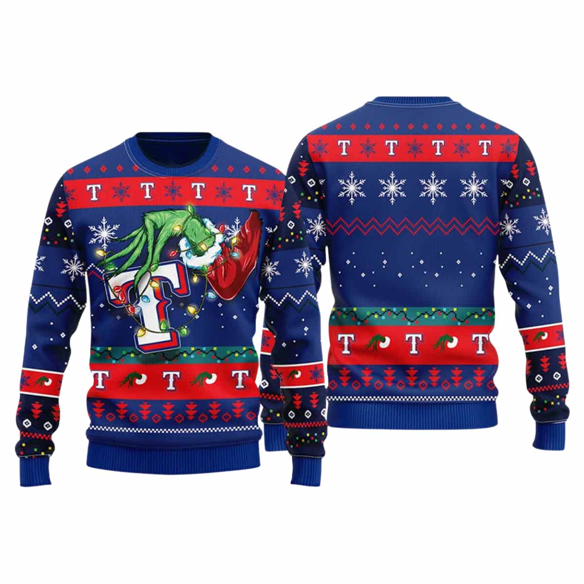 Rangers Grnch Hand Ugly Christmas Sweater Rangers Grnch Hand Ugly Christmas Sweater