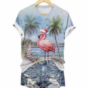 Retro Florida Christmas Palm Tree Flamingo Print T-Shirt Retro Florida Christmas Palm Tree Flamingo Print T-Shirt