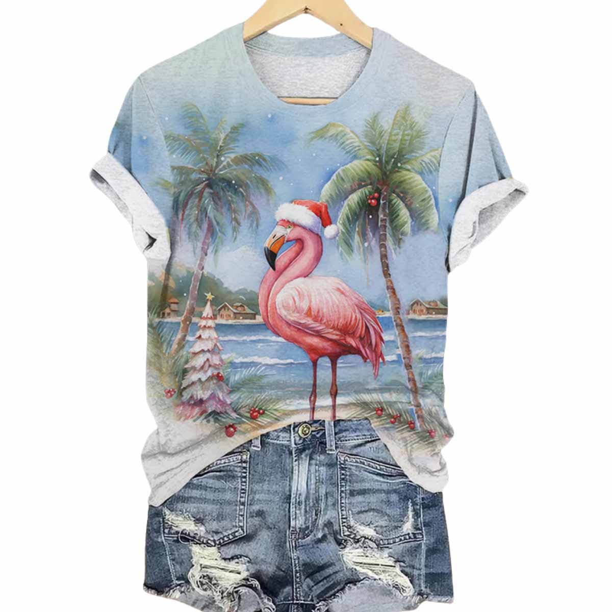 Retro Florida Christmas Palm Tree Flamingo Print T Shirt Retro Florida Christmas Palm Tree Flamingo Print T-Shirt
