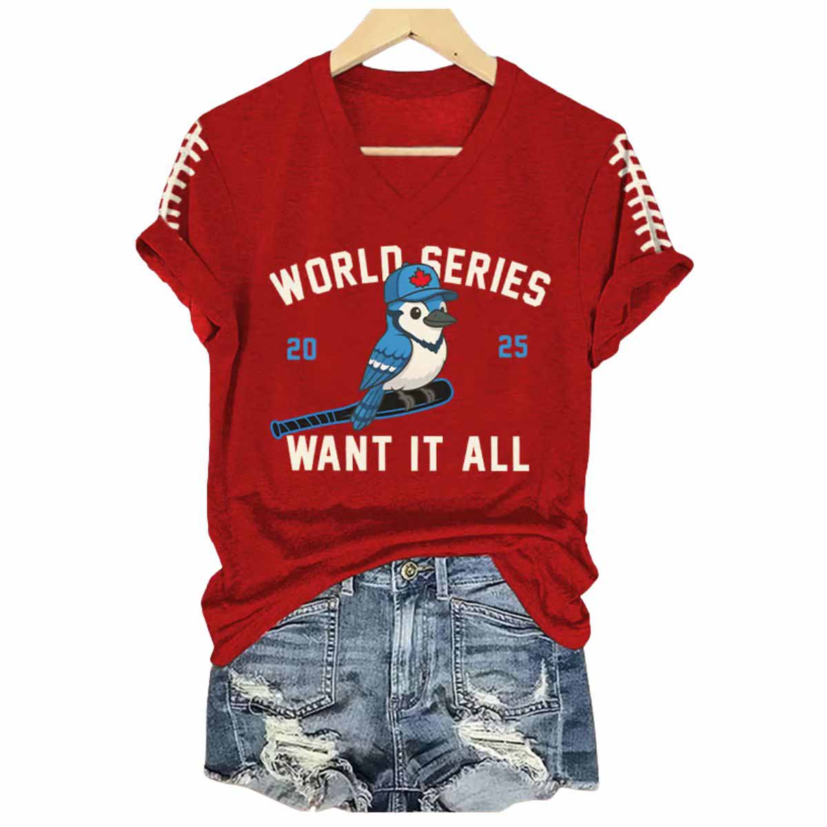 V-Neck Retro Blue Jays Baseball World Series 2025 Want It All Print T-Shirt V-Neck Retro Blue Jays Baseball World Series 2025 Want It All Print T-Shirt