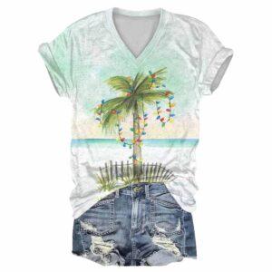 V-Neck Retro Florida Christmas Watercolor Palm Tree Print T-Shirt V-Neck Retro Florida Christmas Watercolor Palm Tree Print T-Shirt