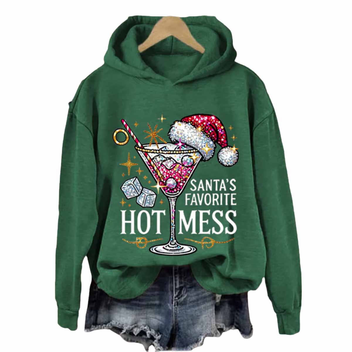 Women's Christmas Santa's Favorite Hot Mess Print Hooded Sweatshirt Women's Christmas Santa's Favorite Hot Mess Print Hooded Sweatshirt