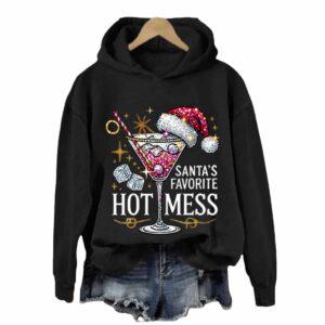 Women's Christmas Santa's Favorite Hot Mess Print Hooded Sweatshirt 2 Women's Christmas Santa's Favorite Hot Mess Print Hooded Sweatshirt