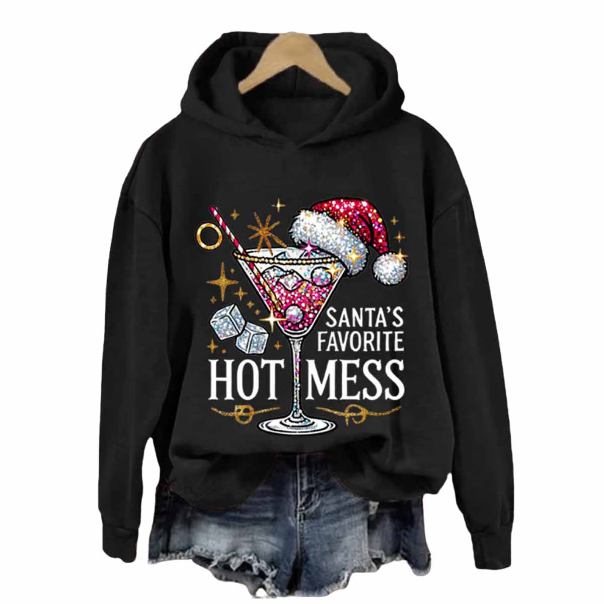Women’s Christmas Santa’s Favorite Hot Mess Print Hooded Sweatshirt Women’s Christmas Santa’s Favorite Hot Mess Print Hooded Sweatshirt