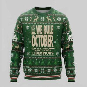 2025 Dodgers We Rule October Back To Back World Series Champions Ugly Christmas Sweater 2025 Dodgers We Rule October Back To Back World Series Champions Ugly Christmas Sweater