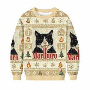 2025 Funny Cat Smoking Marlboro Christmas Ugly Sweater