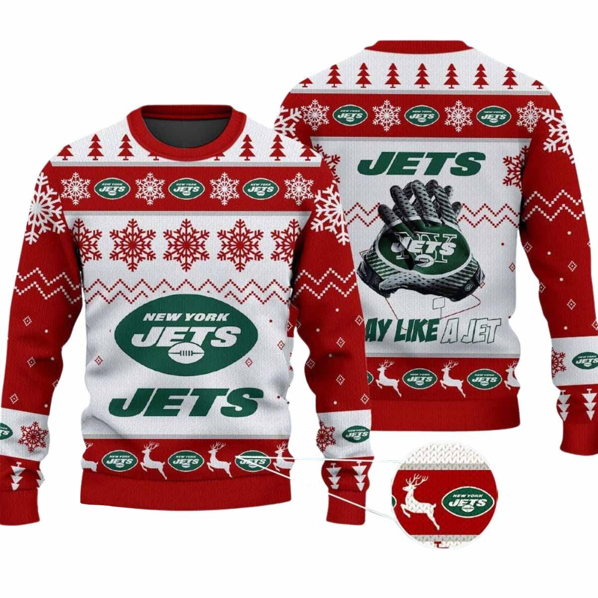 2025 Jets Play Like A Jet Christmas Ugly Sweater 2025 Jets Play Like A Jet Christmas Ugly Sweater