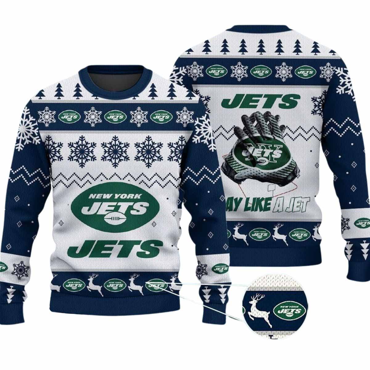 2025 Jets Play Like A Jet Christmas Ugly Sweater 2025 Jets Play Like A Jet Christmas Ugly Sweater