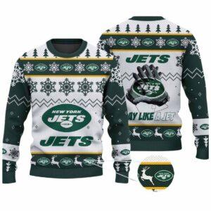 2025 Jets Play Like A Jet Christmas Ugly Sweater 1 2025 Jets Play Like A Jet Christmas Ugly Sweater