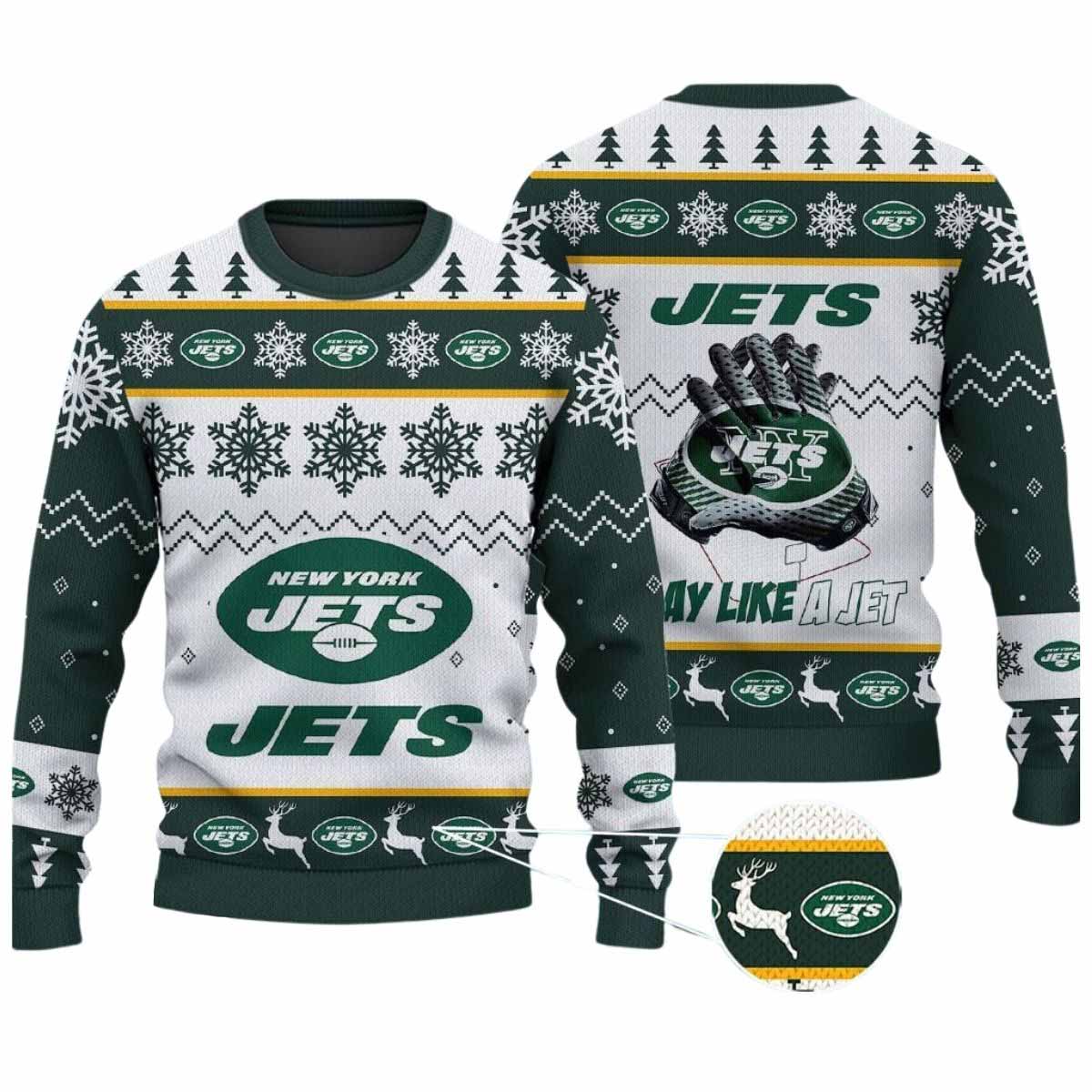 2025 Jets Play Like A Jet Christmas Ugly Sweater 2025 Jets Play Like A Jet Christmas Ugly Sweater